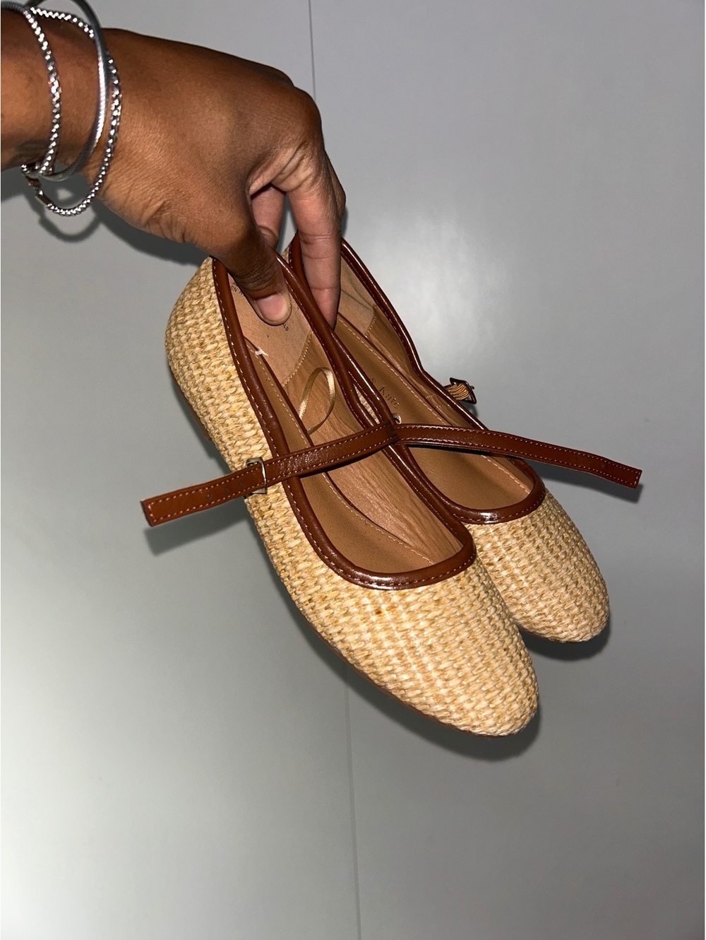 Anthropologie Straw Mary Jane Flats with Brown Trim